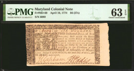 MD-69. Maryland. April 10, 1774. $6 (27s). PMG Choice Uncirculated 63 EPQ.

No. 6089. Signed by Clapham and Eddis. Imprint of A(nne) C(atherine) and...