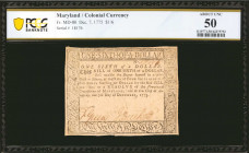 MD-80. Maryland. December 7, 1775. $1/6. PCGS Banknote About Uncirculated 50.

No. 18176. Signed by Green and Duckett. Printed by F. Green, Annapoli...
