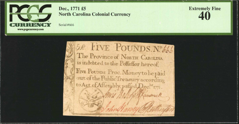 NC-143. North Carolina. December, 1771. 5 Pounds. PCGS Currency Extremely Fine 4...