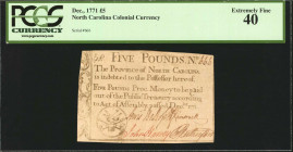 NC-143. North Carolina. December, 1771. 5 Pounds. PCGS Currency Extremely Fine 40.

Satanic serial number 666. Four signatures. Drum and fife vignet...