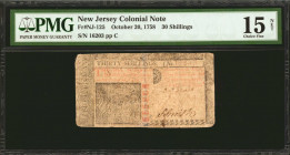 NJ-125. New Jersey. October 20, 1758. 30 Shillings. PMG Choice Fine 15 Net. Reattached at Center, Annotation.

No. 16203. Three signatures remain pr...