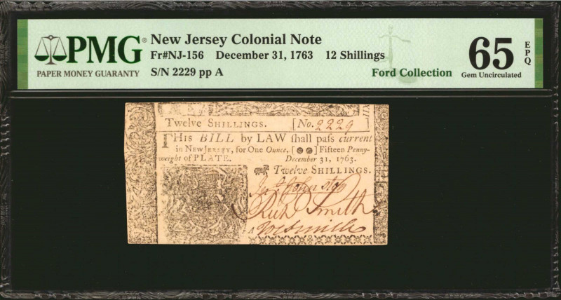 NJ-156. New Jersey. December 31, 1763. 12 Shillings. PMG Gem Uncirculated 65 EPQ...