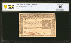 NY-180. New York. September 2, 1775. $5. PCGS Banknote Choice Extremely Fine 45.

No. 497. State coat of arms at right. Thirteen candle candelabrum ...