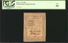 PA-167. Pennsylvania. October 1, 1773. 10 Shillings. PCGS Currency New 62.

No. 18825. Dark signatures are found on this New 10 Shillings Colonial....