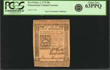 PA-170. Colonial Notes. October 1, 1773. 50 Shillings. PCGS Currency Choice New 63 PPQ.

No. 11550. A terrific Choice New offering on this Pennsylva...