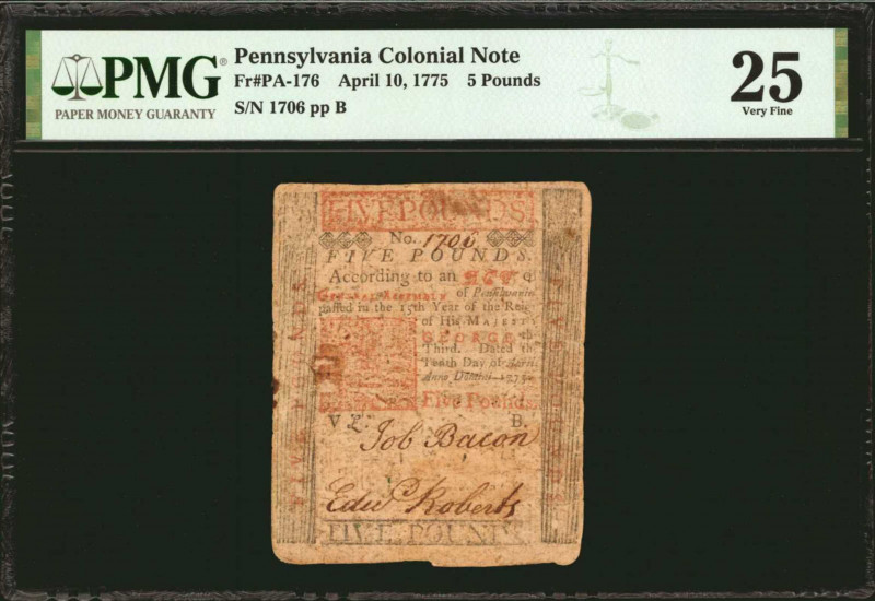 PA-176. Pennsylvania. April 10, 1775. 5 Pounds. PMG Very Fine 25.

No. 1706, P...