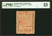 PA-176. Pennsylvania. April 10, 1775. 5 Pounds. PMG Very Fine 25.

No. 1706, Plate B. PMG comments "Previously Mounted."

Estimate: $100.00 - $150...