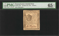 PA-184. Pennsylvania. October 25, 1775. 9 Pence. PMG Gem Uncirculated 65 EPQ.

No. 15735, Plate B. A lovely Gem offering of this 9 Pence note.

Es...