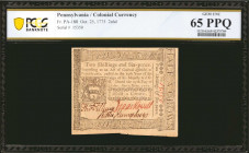 PA-188. Pennsylvania. Oct. 25, 1775. 2 Shillings & 6 Pence. PCGS Banknote Gem Uncirculated 65 PPQ.

No. 15350. Signed by Tillman, Howell, and Humphr...