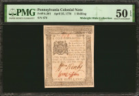 PA-201. Pennsylvania. April 25, 1776. 1 Shilling. PMG About Uncirculated 50 EPQ.

No. 676. Printed by Hall & Sellers. A bold design is found on this...
