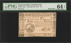 SC-138a. South Carolina. December 23, 1776. $4. PMG Choice Uncirculated 64 EPQ. Remainder.

A nearly Gem remainder $4 from this 1776 South Carolina ...