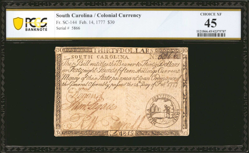 SC-144. South Carolina. February 14, 1777. $30. PCGS Banknote Choice Extremely F...