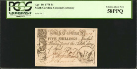 SC-147. South Carolina. April 10, 1778. 5 Shillings. PCGS Currency Choice About New 58 PPQ.

No. 9473. Full frame lines are found on this 5 Shilling...