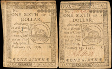 Lot of (2) CC-19. Continental Currency. February 17, 1776. $1/6. Very Fine.

A duo of $1/6 dollar notes, both of which are in Very Fine condition. T...