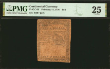 CC-21. Continental Currency. February 17, 1776. $1/2. PMG Very Fine 25.

No. 37197, Plate C. Fugio sundial motif on front and interlocking 13 links ...