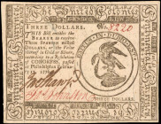 CC-25. Continental Currency. February 17, 1776. $3. About Uncirculated.

No. 8220. Imprint of Hall and Seller. Two signatures. Darkly printed inks a...