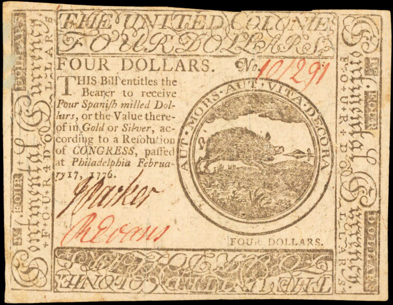 CC-26. Continental Currency. February 17, 1776. $4. Very Fine.

No. 101291. Da...