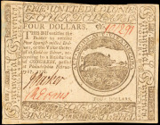 CC-26. Continental Currency. February 17, 1776. $4. Very Fine.

No. 101291. Dark inks and bold signatures are seen on this $4 note.

Estimate: $15...