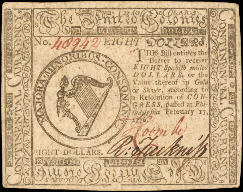 CC-30. Continental Currency. February 17, 1776. $8. Very Fine.

A tear is noti...