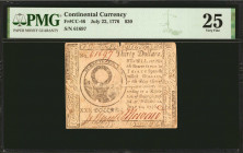 CC-46. Continental Currency. July 22, 1776. $30. PMG Very Fine 25.

PMG notes a "Split" which is a small nick in the top margin. The July 22, 1776 s...