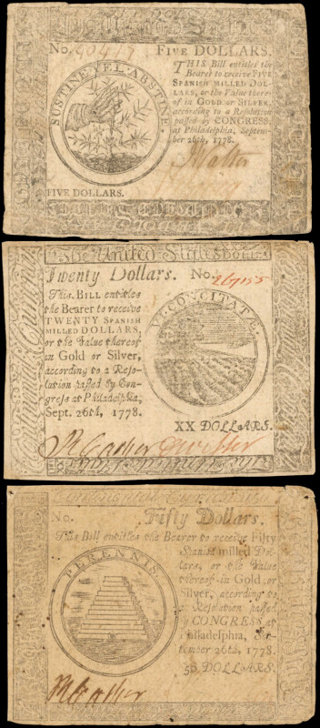 Lot of (3) CC-79, CC-82 & CC-85. Continental Currency. September 26,1778. $5, $2...