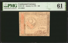 CC-93. Continental Currency. January 14, 1779. $30. PMG Uncirculated 61.

No. 56626. Signed by Gaither and Watkins. Vignette of a tomb topped by a w...