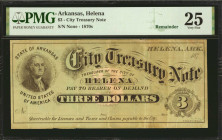 Helena, Arkansas. City Treasury Note. 1870's. $3. PMG Very Fine 25. Remainder.

Rothert Unlisted. No number. 187_ Remainder. Imprint of A. Gast & Co...