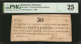 Princeton, Kentucky. A. Frazer (Tavern & Store). 1822. 50 Cents. PMG Very Fine 25.

No number. Sept. 4, 1822. Signed by A. Frazer. Printed on brown ...