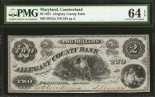 Cumberland, Maryland. Allegany County Bank. 1861. $2. PMG Choice Uncirculated 64 EPQ.

(MD155G4a). No. 549, Plate A. Nearly Gem.

Estimate: $100.0...