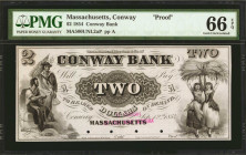 Conway, Massachusetts. Conway Bank. 1854. $2. PMG Gem Uncirculated 66 EPQ. Proof.

(MA-500 G4 Unlisted). Four POCs. Printed on India paper. Bald, Ad...
