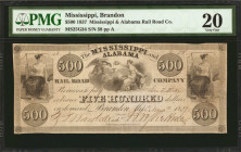 Brandon, Mississippi. The Mississippi & Alabama Rail Road Company. 1837. $500. PMG Very Fine 20.

(MS-25 G34). Kraus 10126m. Leggett 35. Low serial ...
