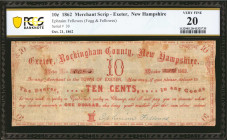 Exeter, New Hampshire. Ephraim Fellowes (Fogg & Fellowes). 1862. 10 Cents. PCGS Banknote Very Fine 20.

(Lafond 550-00.10-1., Rarity-7). An extreme ...