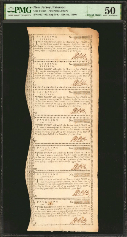 Uncut Sheet of (7). Paterson, New Jersey. Paterson Lottery. ND (ca. 1790). One T...