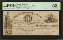 Houston, Texas. Government of Texas. 1838-39. $20. PMG About Uncirculated 53.

(TXCRH19). No. 913, Plate A. Allegorical figures seated at upper righ...