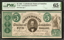 CT-33. Confederate Currency. 1861 $5. PMG Gem Uncirculated 65 EPQ. Contemporary Counterfeit.

No number. Plate J. Imprint of Leggett, Keatinge & Bal...
