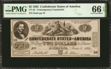 CT-42. Confederate Currency. 1862 $2. PMG Gem Uncirculated 66 EPQ. Contemporary Counterfeit.

Top Pop at PMG. Engraved signatures, plate number 10, ...