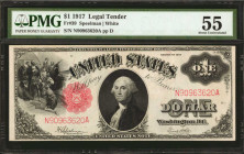 Fr. 39. 1917 $1 Legal Tender Note. PMG About Uncirculated 55.

Darkly inked designs stand out on bright paper for this 1917 Ace.

Estimate: $150.0...