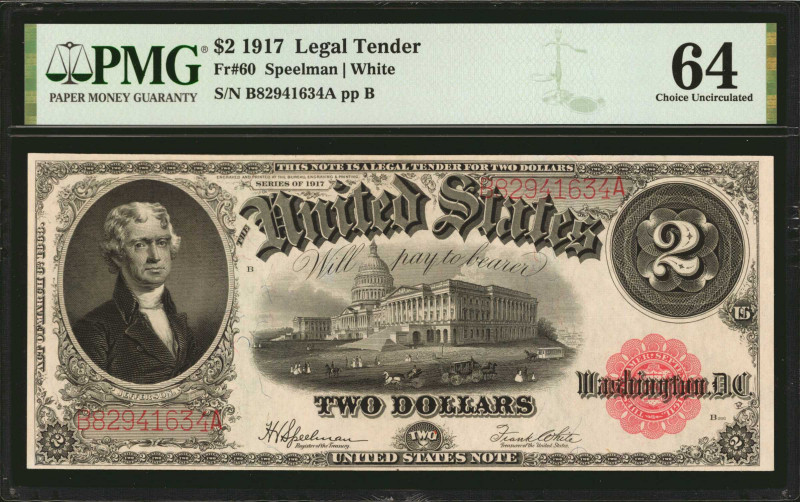 Fr. 60. 1917 $2 Legal Tender Note. PMG Choice Uncirculated 64.

A bright examp...