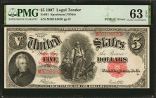 Fr. 91. 1907 $5 Legal Tender Note. PMG Choice Uncirculated 63 EPQ.

PCBLIC Error. Frontier family at center with portrait of Andrew Jackson at left....