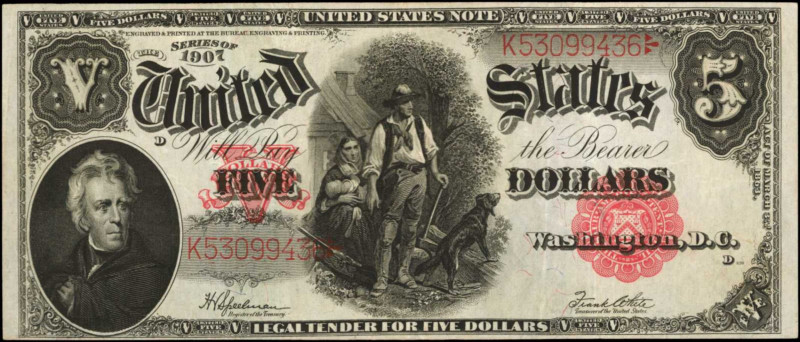 Fr. 91. 1907 $5 Legal Tender Note. Choice Very Fine.

The paper remains quite ...