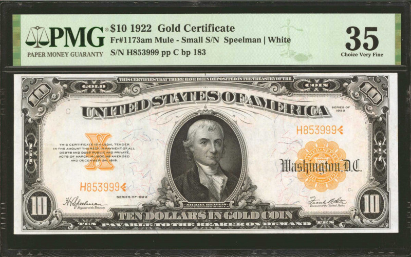 Fr. 1173am. 1922 $10 Gold Certificate Mule Note. PMG Choice Very Fine 35.

Sma...