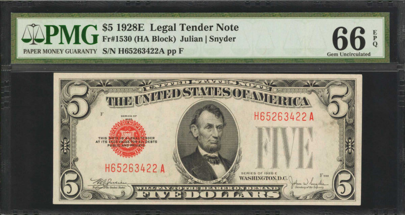 Fr. 1530. 1928E $5 Legal Tender Note. PMG Gem Uncirculated 66 EPQ.

Ruby red o...