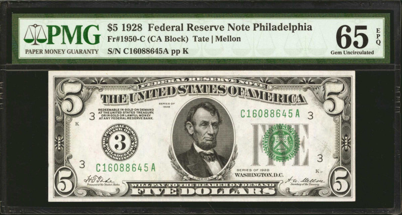 Fr. 1950-C. 1928 $5 Federal Reserve Note. Philadelphia. PMG Gem Uncirculated 65 ...