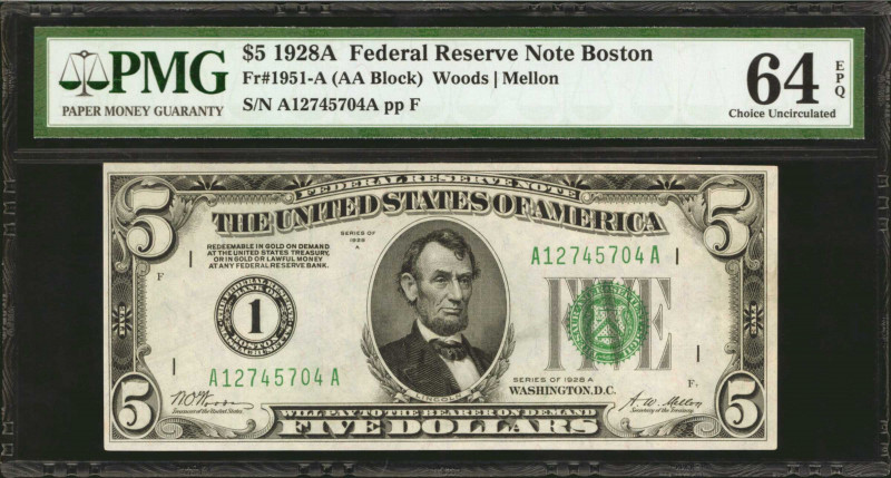 Fr. 1951-A. 1928A $5 Federal Reserve Note. Boston. PMG Choice Uncirculated 64 EP...