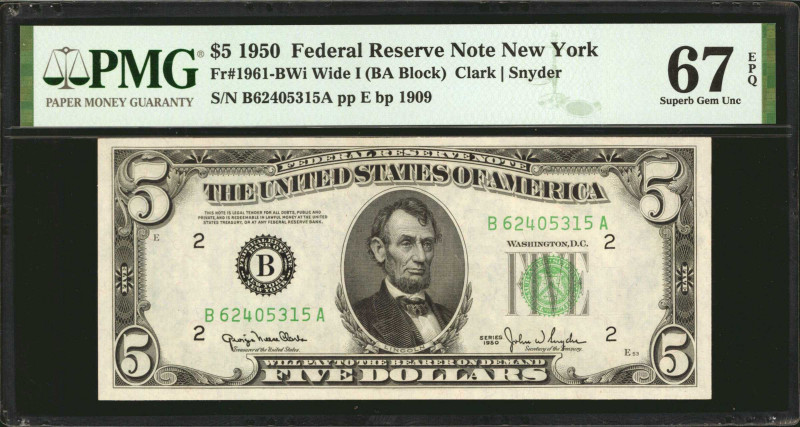 Fr. 1961-BWi. 1950 $5 Federal Reserve Note. Wide I. New York. PMG Superb Gem Unc...