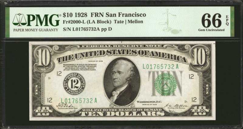 Fr. 2000-L. 1928 $10 Federal Reserve Note. San Francisco. PMG Gem Uncirculated 6...