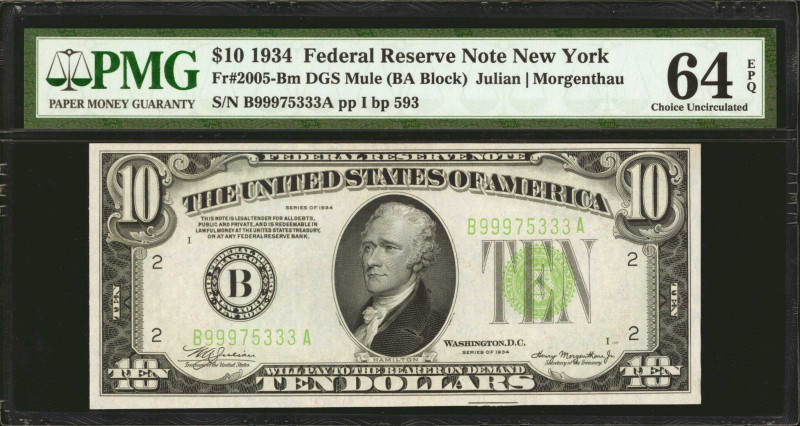 Fr. 2005-Bm. 1934 $10 Federal Reserve Mule Note. New York. PMG Choice Uncirculat...