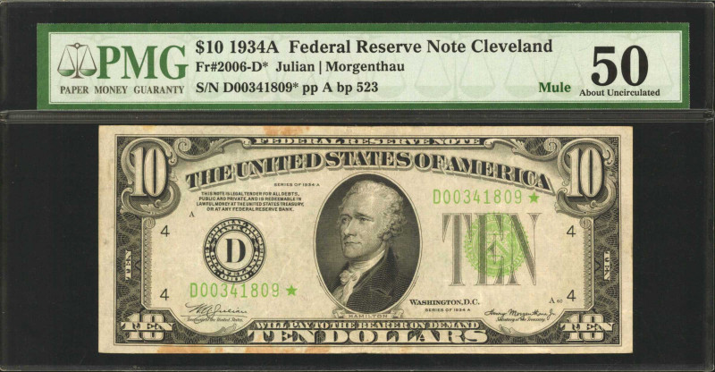 Fr. 2006-D*. 1934A $10 Federal Reserve Mule Star Note. Cleveland. PMG About Unci...