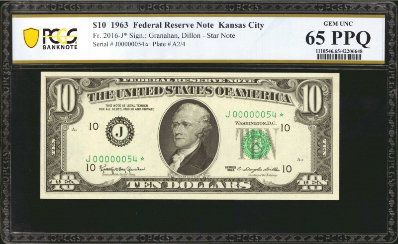 Fr. 2016-J*. 1963 $10 Federal Reserve Star Note. Kansas City. PCGS Banknote Gem ...