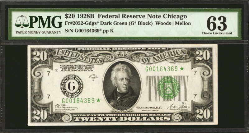 Fr. 2052-Gdgs*. 1928B $20 Federal Reserve Star Note. Chicago. PMG Choice Uncircu...